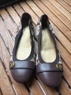 Coach Brown Signature Canvas & Leather Ballet Flats with Gold Logo